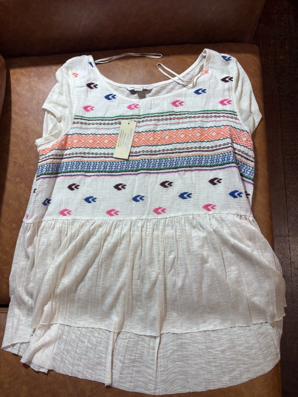 NWT American Eagle Outfitters White Top with Pink and Blue Embroidery